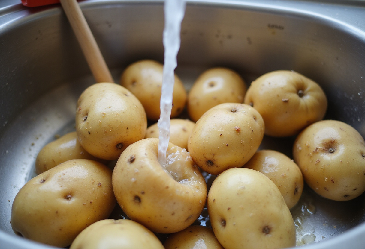 Washing fresh potatoes for Greek potato salad, a crucial step for a clean and tasty dish.