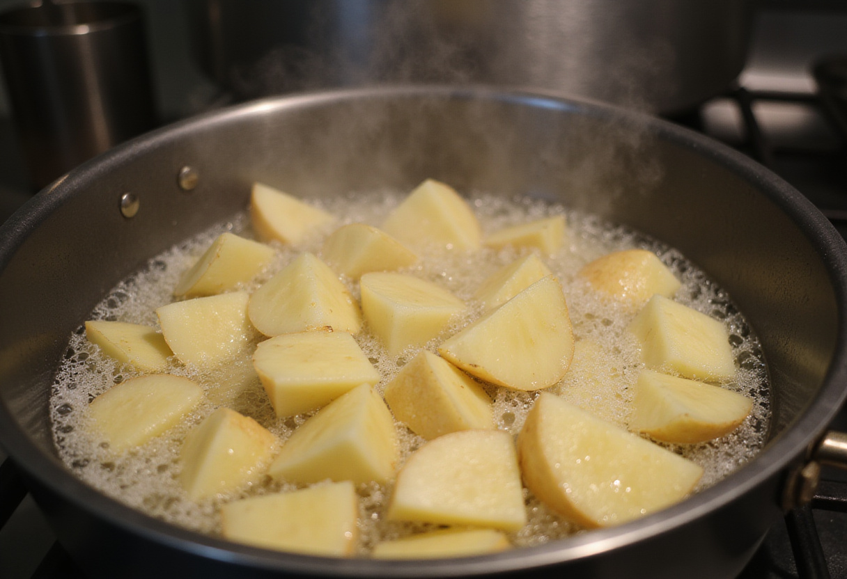 Boiling chopped potatoes perfectly for Greek potato salad, an essential step for achieving the right texture.