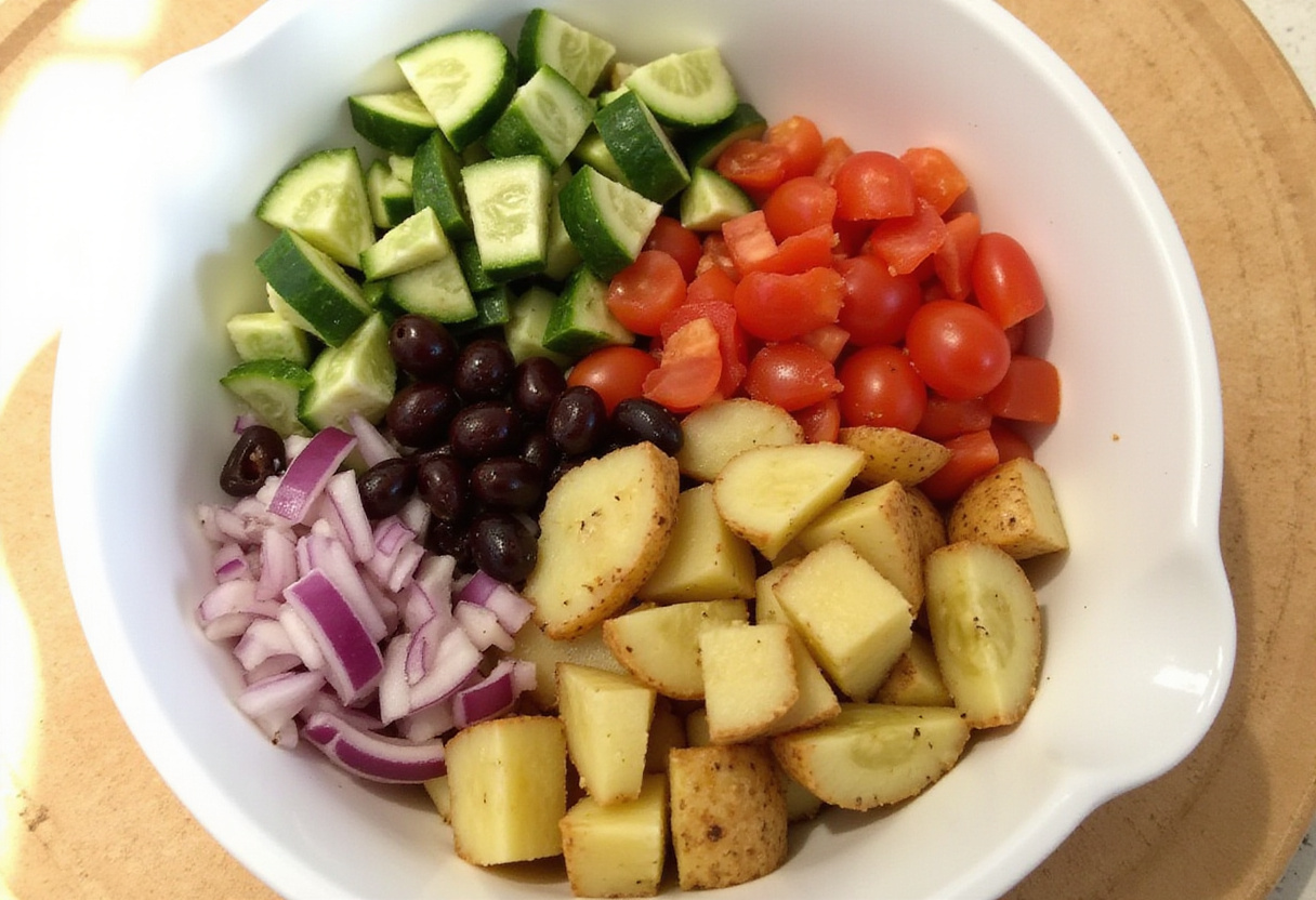 Preparing fresh vegetables and olives for Greek potato salad, enhancing flavors with vibrant ingredients.