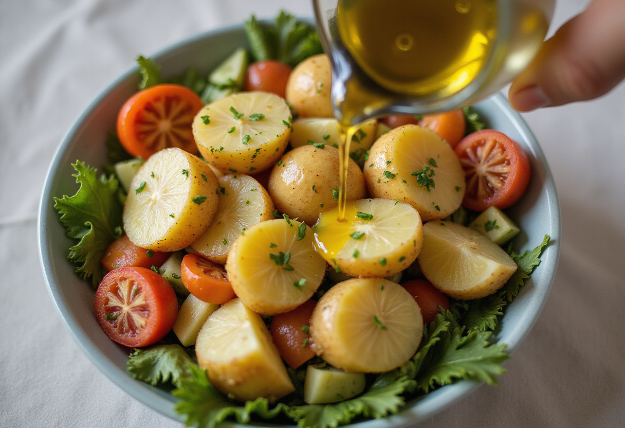 Combining boiled potatoes and fresh vegetables for Greek potato salad, highlighting the addition of olive oil and lemon.