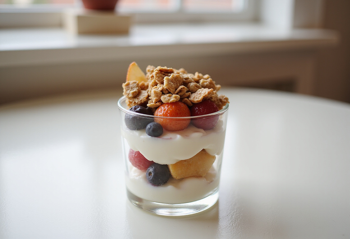 Stunning Greek yogurt parfait presentation highlighting layers of yogurt, fruits, and granola, an ideal centerpiece for a refreshing breakfast or snack.