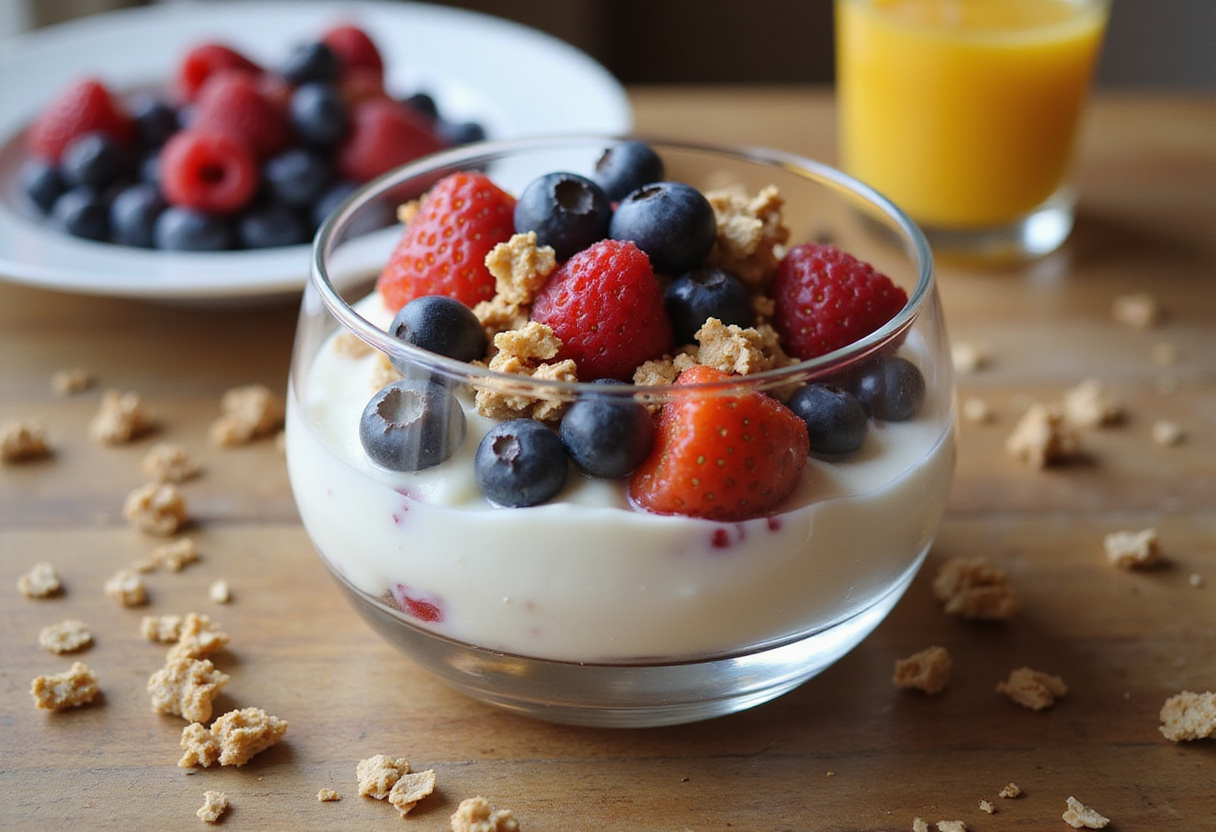 Vibrant Greek yogurt parfait showcasing layers of yogurt, mixed berries, and granola on a rustic wooden table, perfect for a healthy breakfast.