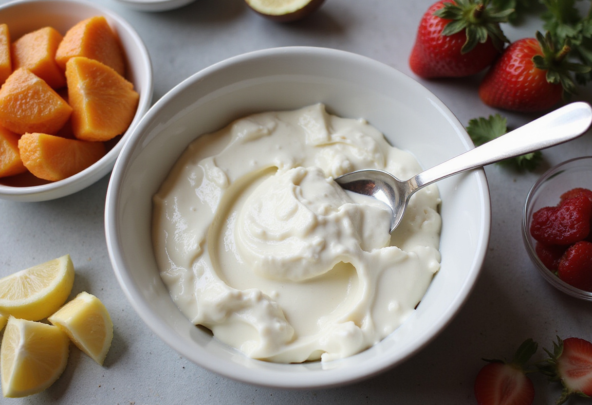 Delicious Greek yogurt parfait preparation with fluffy yogurt, fresh fruits, and all ingredients ready to assemble, ideal for a wholesome meal.