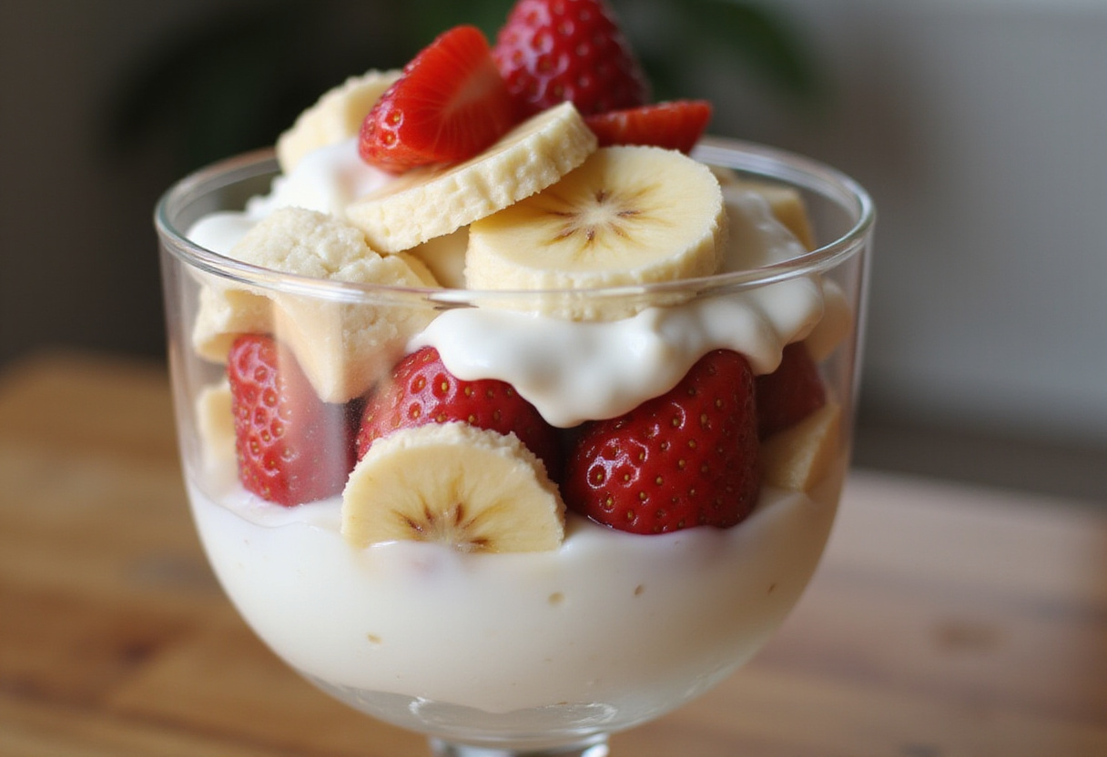 Step-by-step layering of Greek yogurt with fresh bananas and strawberries in a glass, highlighting the delicious components of an easy nutritious parfait.