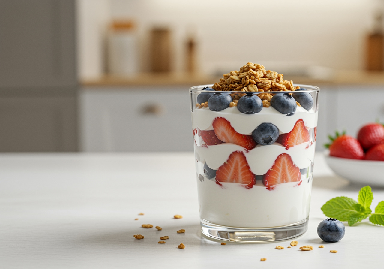 Stunning Greek yogurt parfait presentation highlighting layers of yogurt, fruits, and granola, an ideal centerpiece for a refreshing breakfast or snack.
