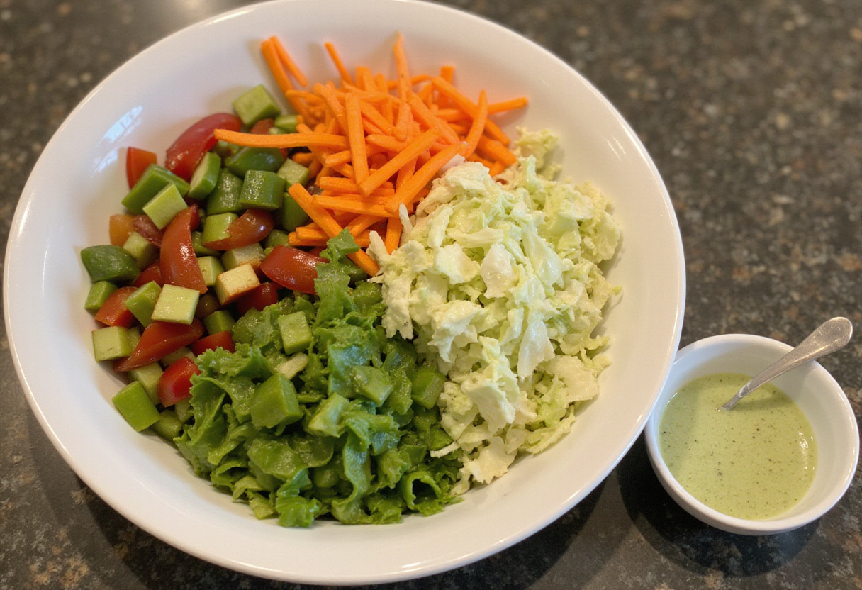 Mixing fresh vegetables including cabbage and bell peppers for Green Goddess Cabbage Salad, bowl of dressing on the side.