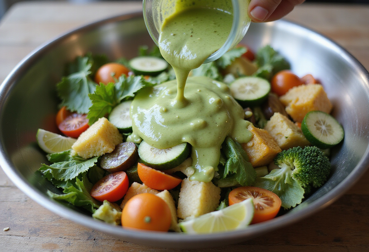 Tossing salad ingredients for Green Goddess Cabbage Salad, vibrant colors and flavors mingling in a mixing bowl.