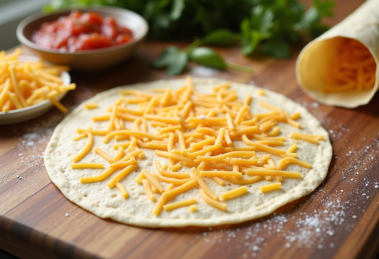 Preparation of a grilled cheese burrito with tortillas and fresh ingredients on a wooden countertop.