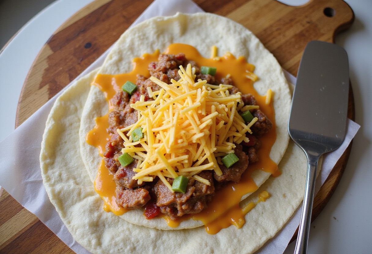 Filling a tortilla with cheese and toppings for a delicious grilled cheese burrito.