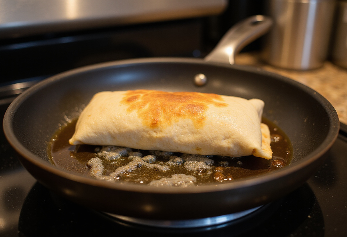 Cooking a grilled cheese burrito in a frying pan with butter, capturing the sizzling sound of the cheese melting.