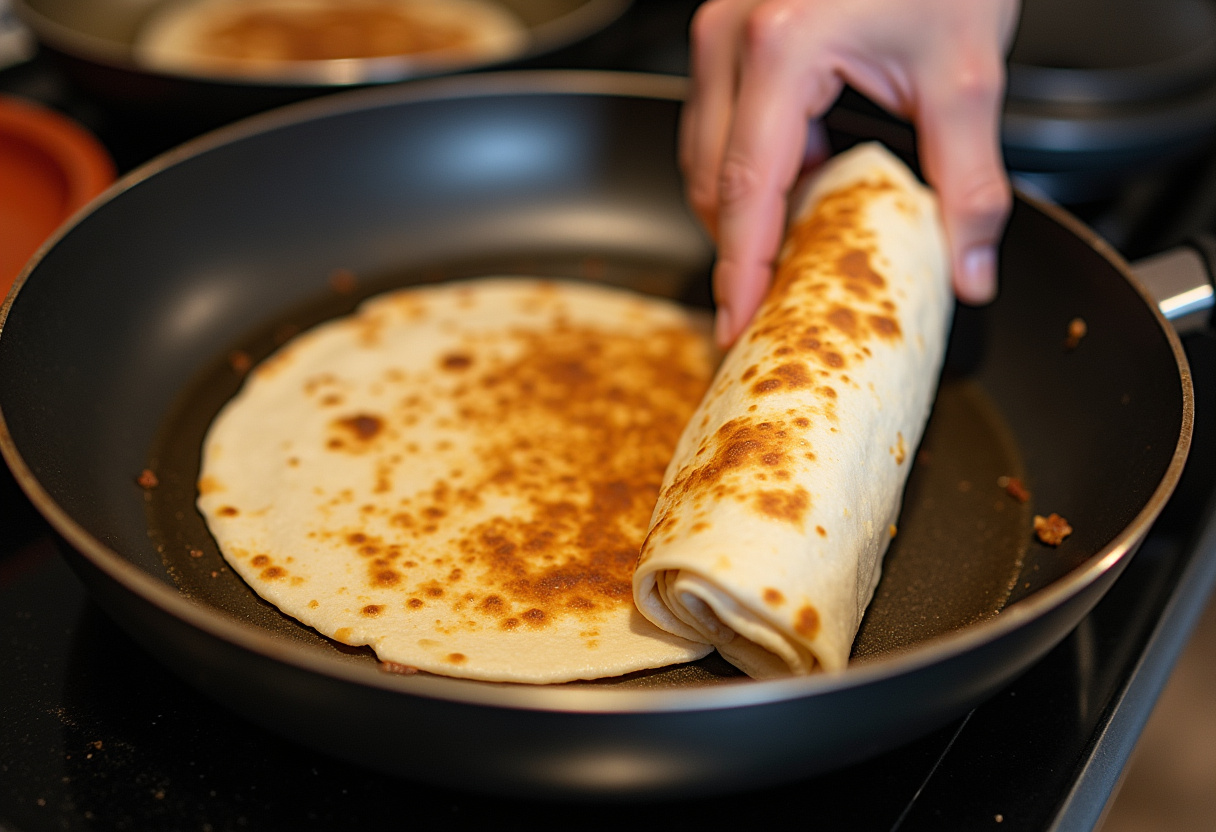 Flipping a grilled cheese burrito in the pan, showing the crispy golden exterior.