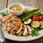 Deliciously presented grilled honey mustard chicken with vibrant vegetables and honey mustard sauce, perfect for a summer meal.