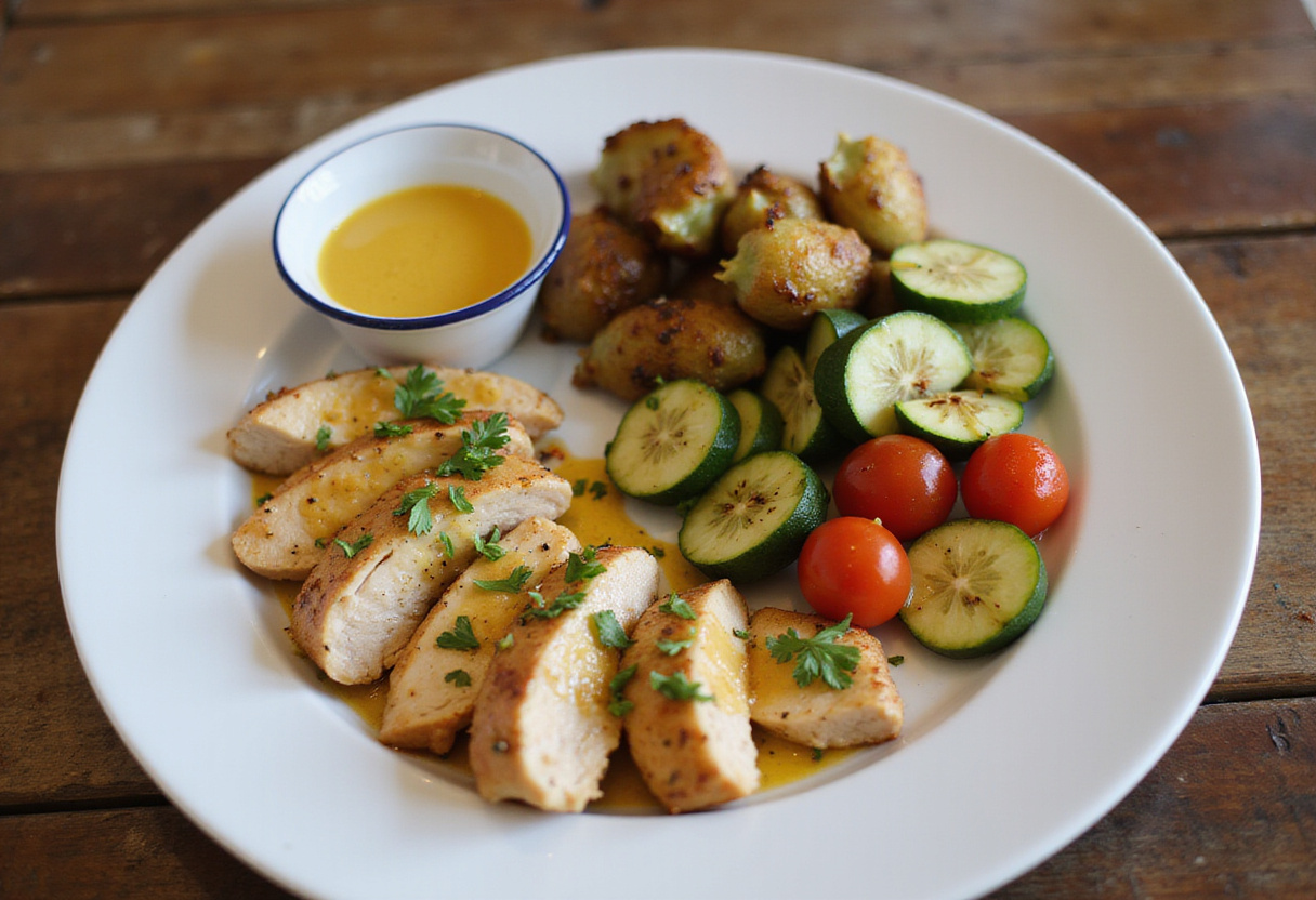 Deliciously presented grilled honey mustard chicken with vibrant vegetables and honey mustard sauce, perfect for a summer meal.