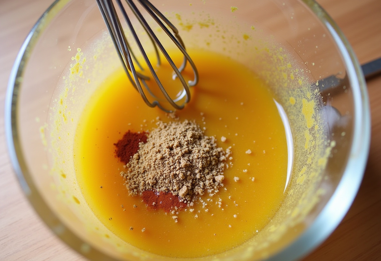 Making honey mustard marinade for grilled honey mustard chicken with honey, dijon mustard, and spices.