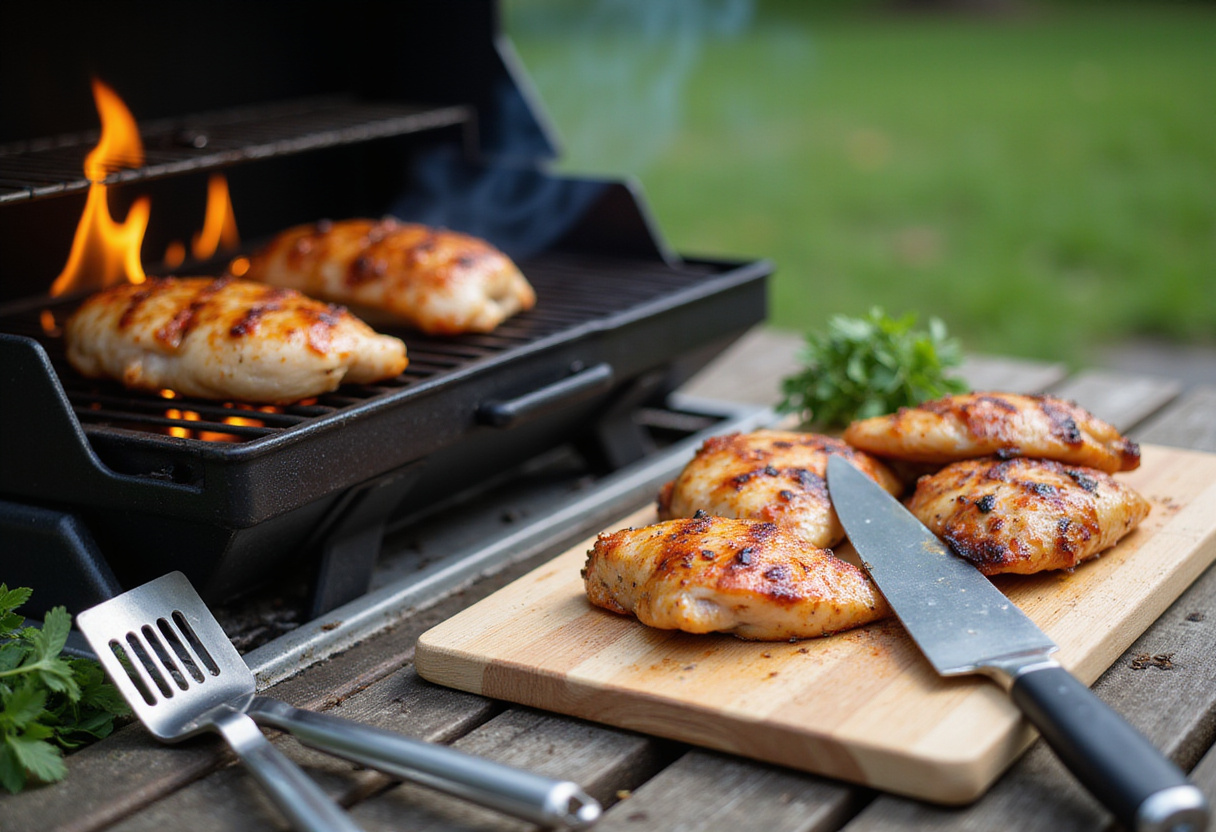 Grilling preparation with marinated chicken breasts and a preheating grill for delicious honey mustard chicken.