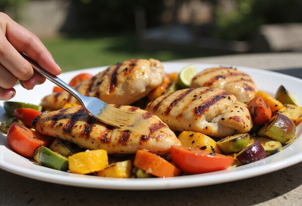 Brushing grilled chicken with honey mustard glaze, showcasing vibrant sides ready to enjoy grilled honey mustard chicken.