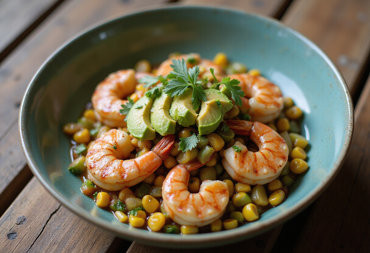 Final presentation of a grilled shrimp bowl with avocado, corn salsa, and creamy garlic sauce, perfect for a fresh and healthy meal.