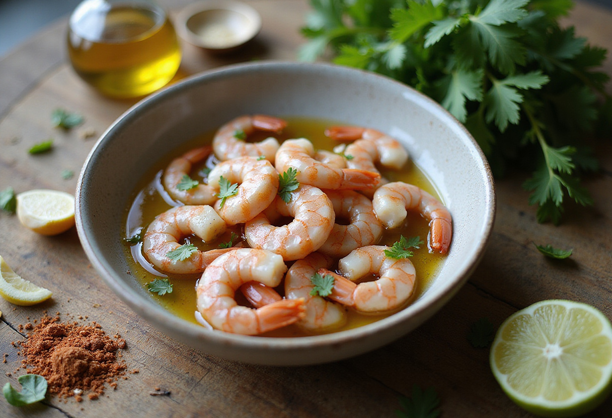 Marinated shrimp ready for grilling, showcasing ingredients like olive oil, garlic, and lime juice for a grilled shrimp bowl.