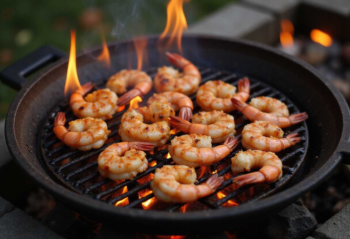 Grilling marinated shrimp to perfection, ideal for a delicious grilled shrimp bowl with flavors of the sea.