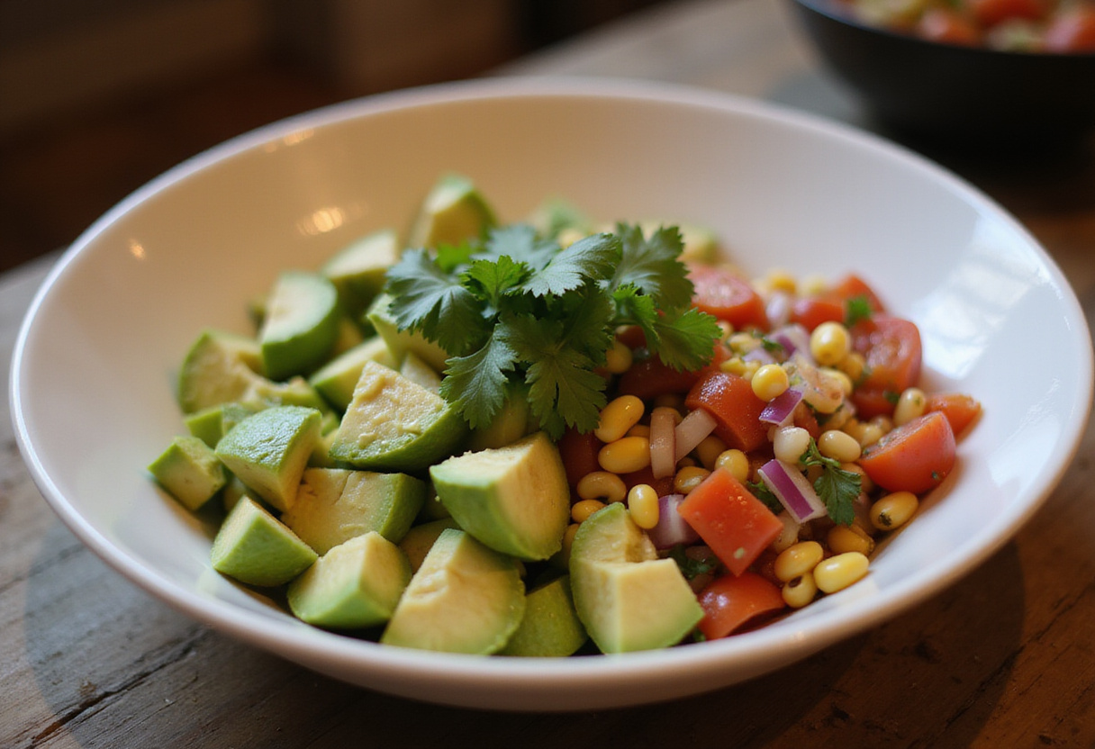 Creating a fresh corn salsa and avocado mix, an essential component of the grilled shrimp bowl.