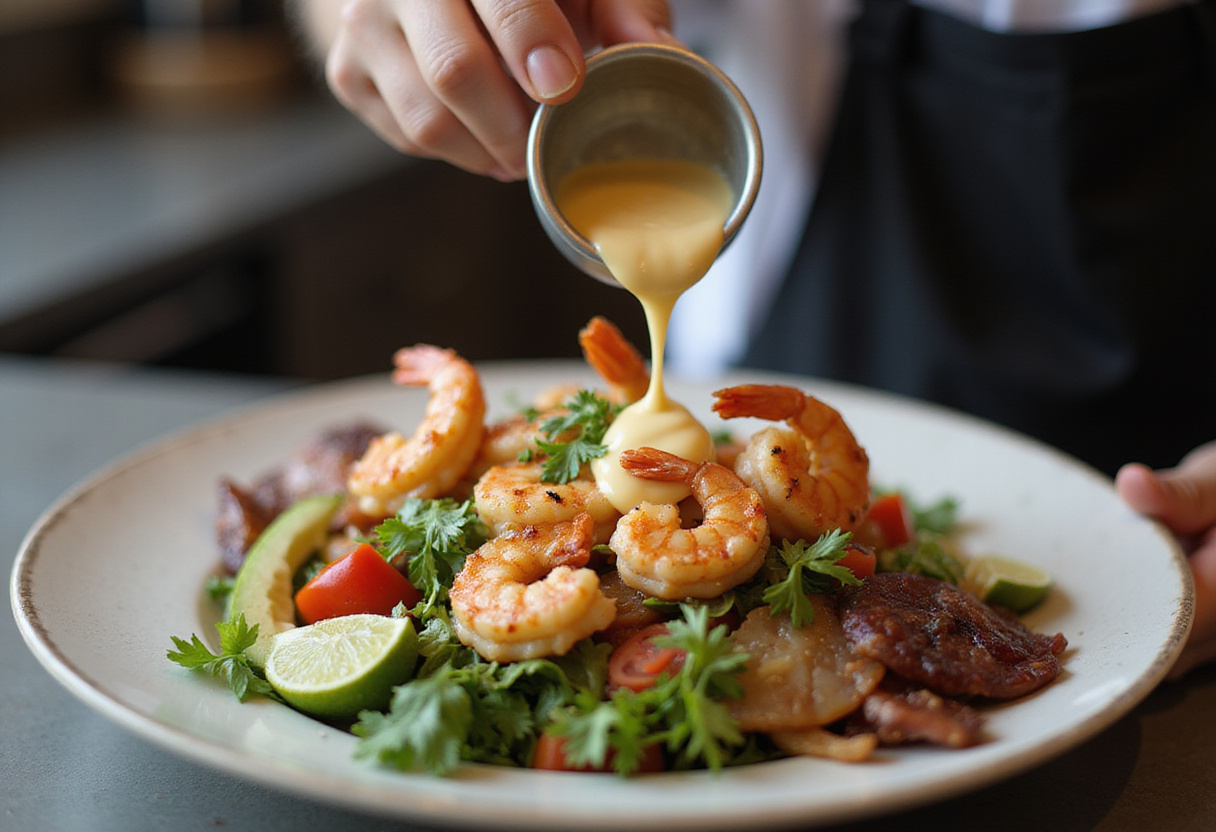 Applying creamy garlic sauce to a grilled shrimp bowl, enhancing the flavors of the fresh ingredients.