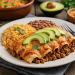 Gourmet presentation of ground beef enchiladas on a plate, garnished with avocado and cilantro, served with rice and beans.