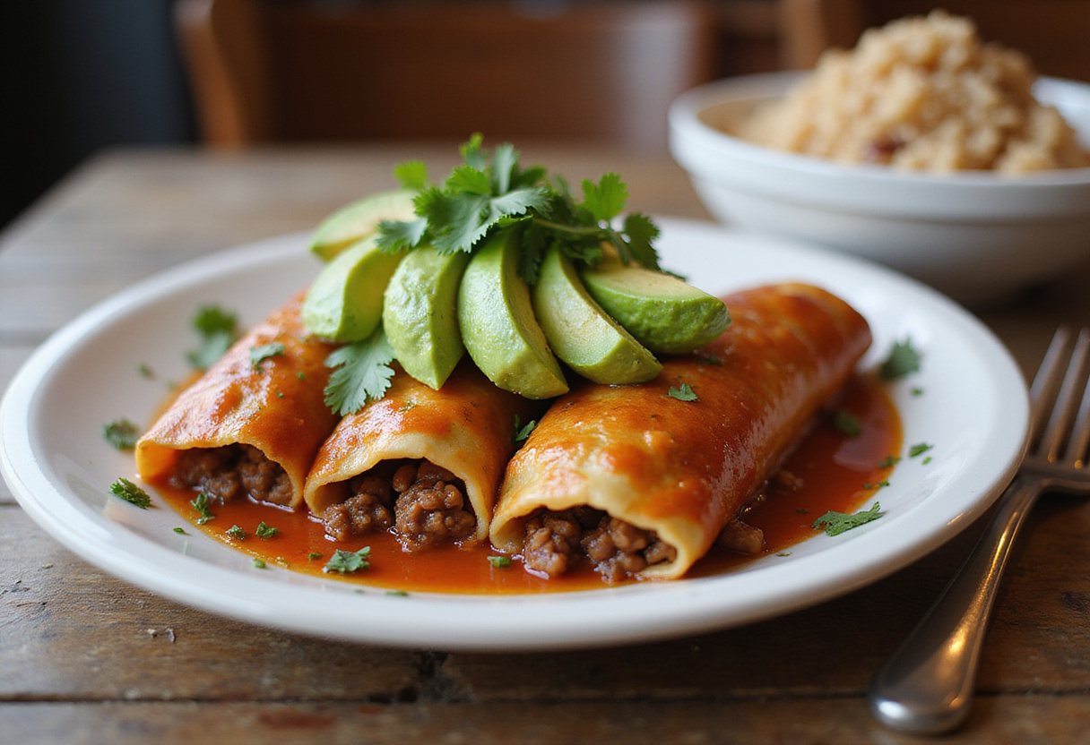 Gourmet presentation of ground beef enchiladas on a plate, garnished with avocado and cilantro, served with rice and beans.