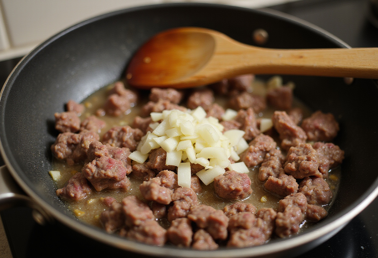 Delicious ground beef sautƩing with onions and garlic for ground beef enchiladas.