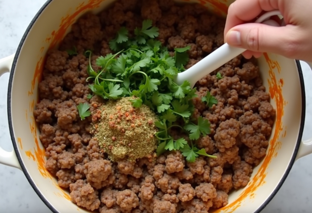 Flavorful ground beef mixture ready for enchiladas, combined with fresh cilantro and spices.