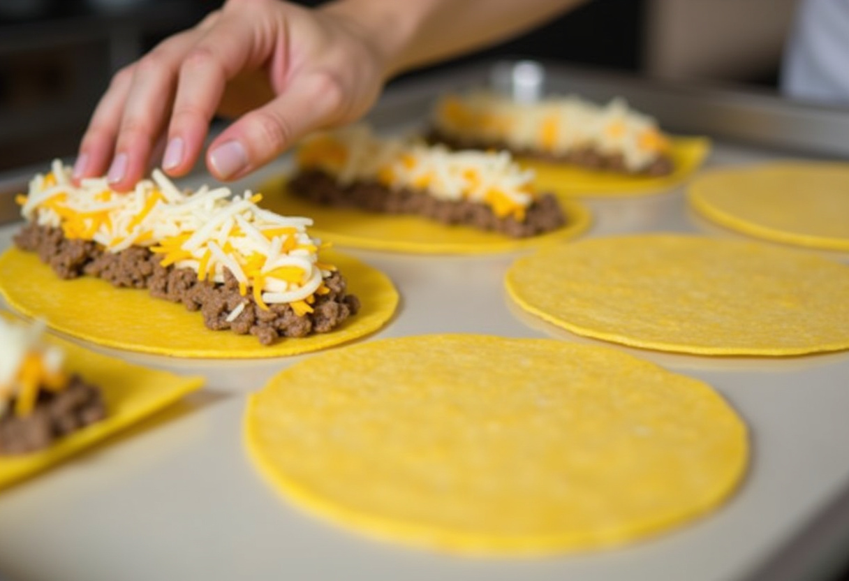 Tortillas being filled with a savory ground beef mixture and cheese for homemade enchiladas.