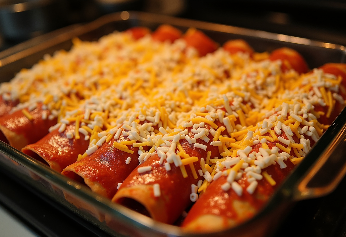 Enchiladas in a baking dish smothered in red sauce and cheese, prepared for cooking.