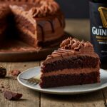 Deliciously crafted Guinness Chocolate Cake slice served on rustic table, highlighted by rich ganache and hints of beer flavor.