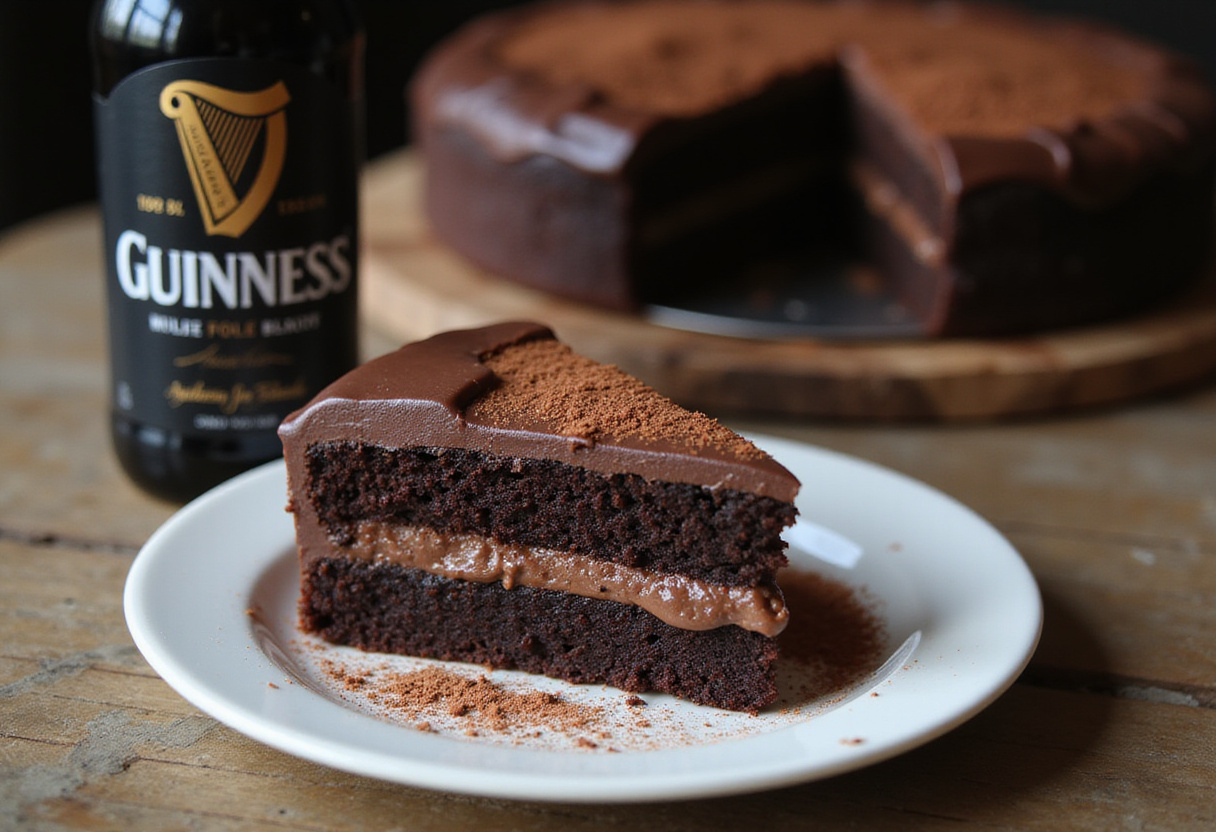 Deliciously crafted Guinness Chocolate Cake slice served on rustic table, highlighted by rich ganache and hints of beer flavor.