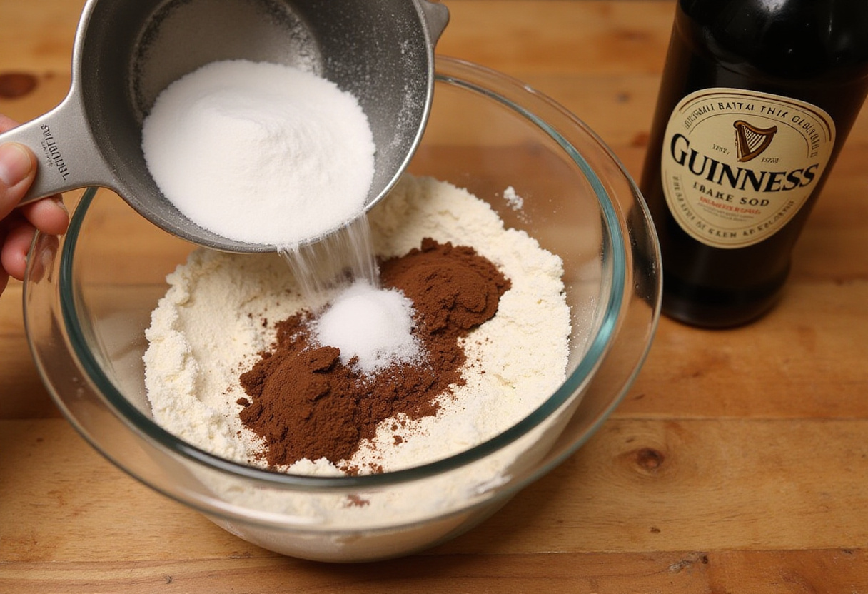 Sifting flour and cocoa powder for Guinness Chocolate Cake, ingredients on wooden countertop, baking essentials.