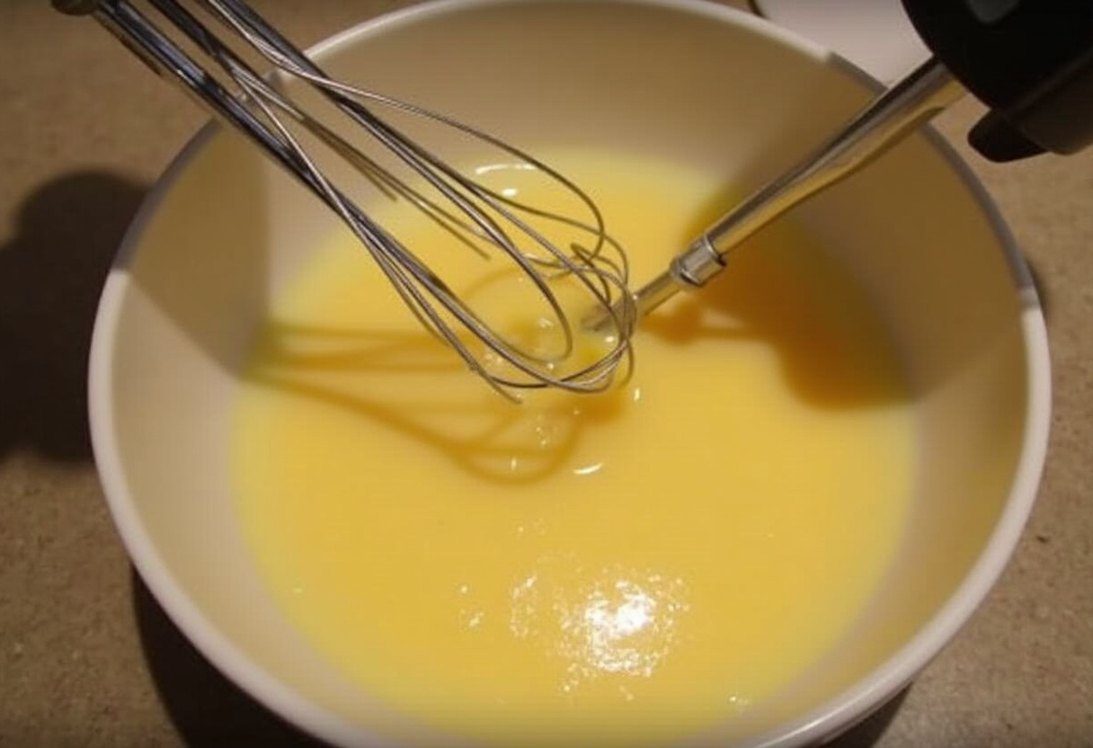 Whisking sugar, eggs, and butter for Guinness Chocolate Cake, bright kitchen atmosphere, baking process captured live.