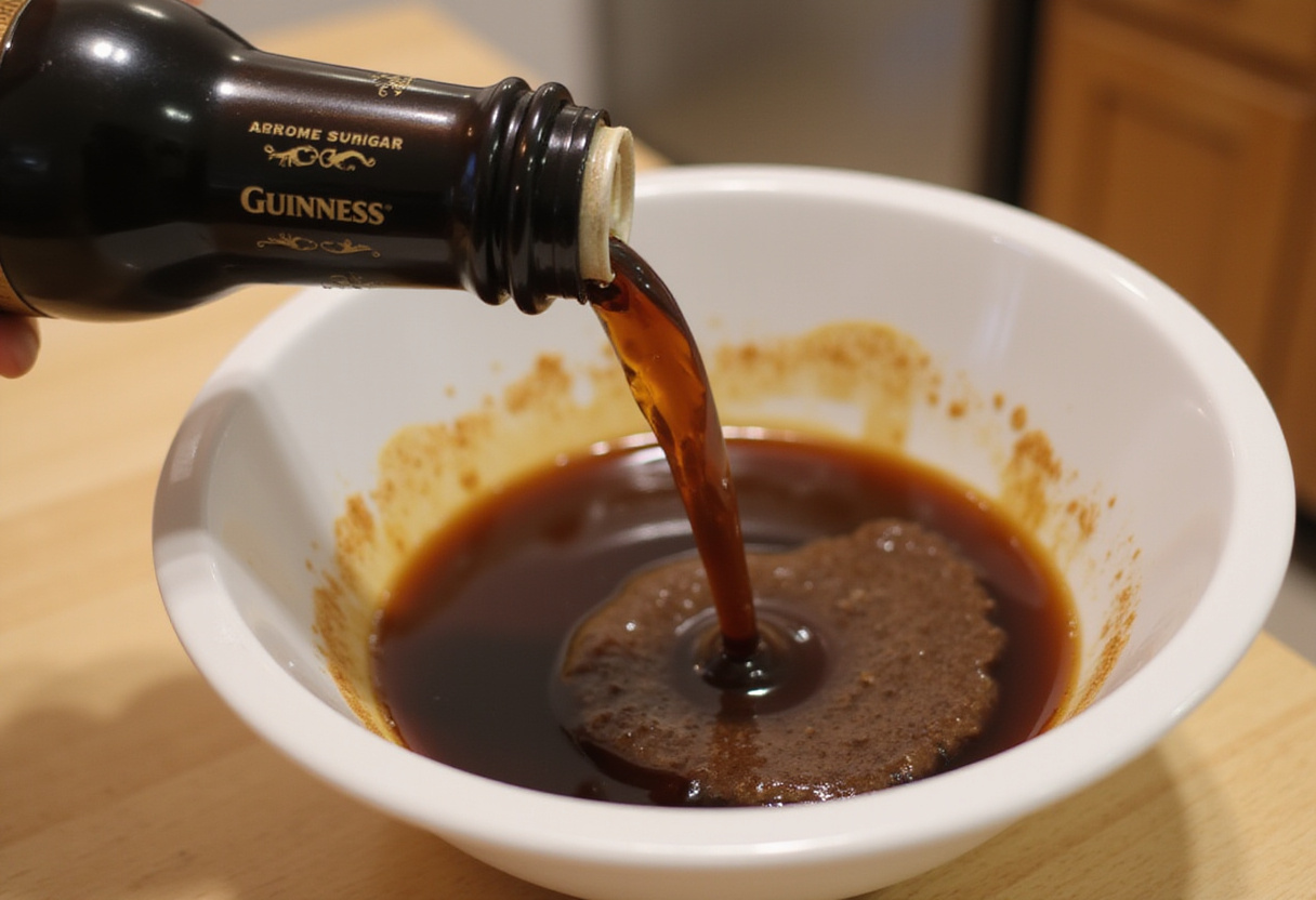 Pouring Guinness stout into the cake batter for Guinness Chocolate Cake, emphasizing the rich flavors and textures.