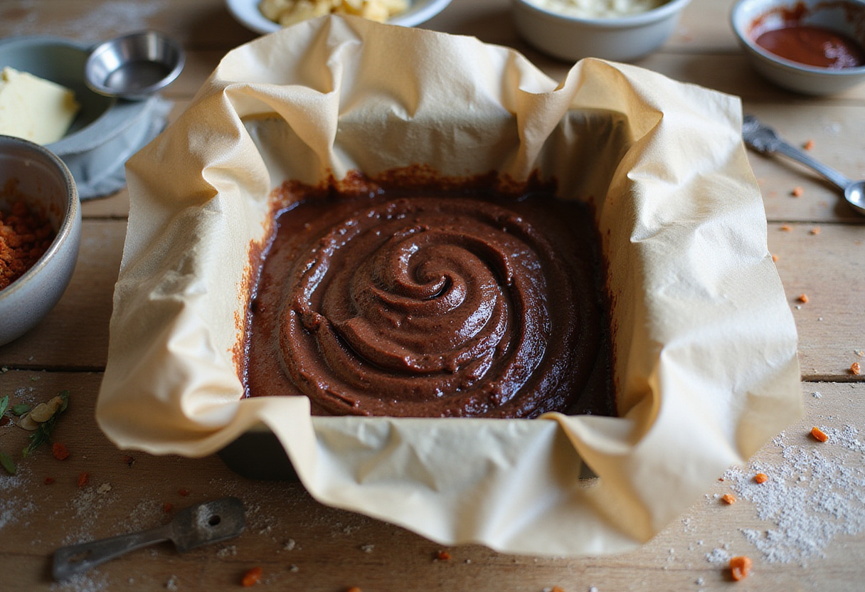 Preparing the baking pan with chocolate batter for Guinness Chocolate Cake, baking setup visualization.