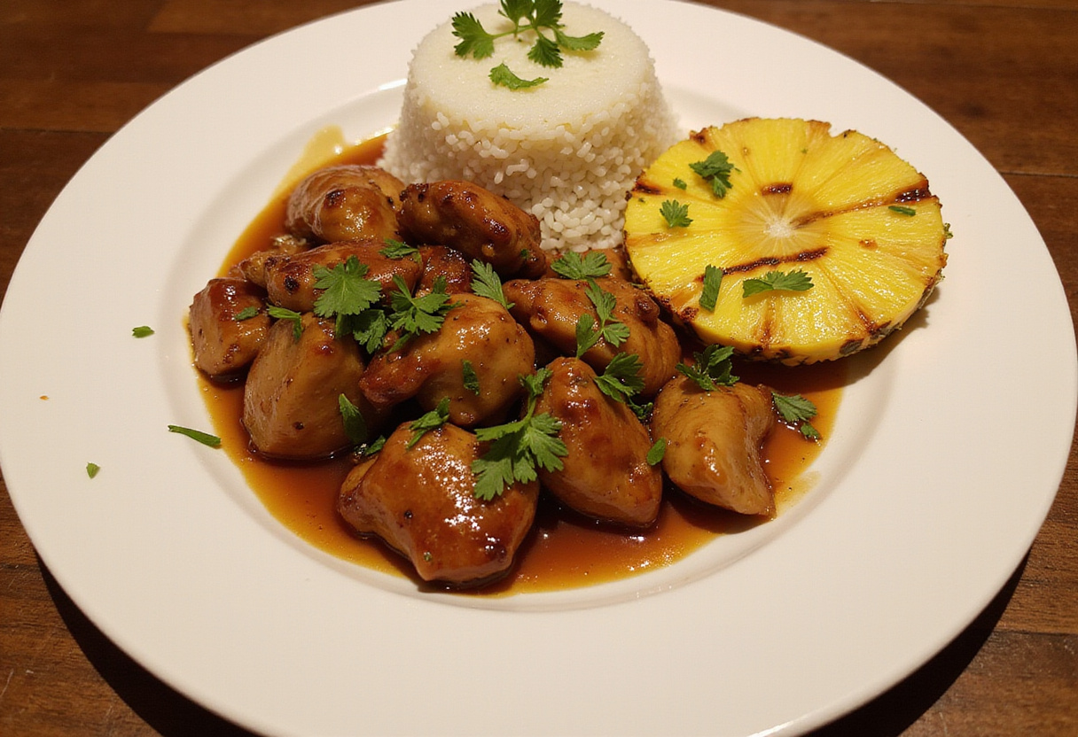 Delicious Hawaiian Shoyu Chicken served with rice and grilled pineapple, presenting an authentic Hawaiian meal.