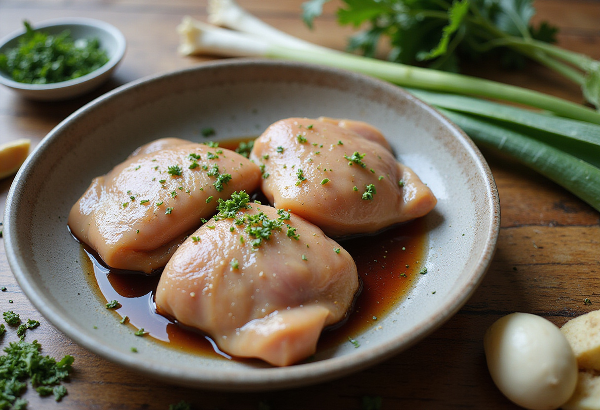 Hawaiian Shoyu Chicken marinating with fresh ingredients like soy sauce, garlic, and ginger for a flavorful dish.
