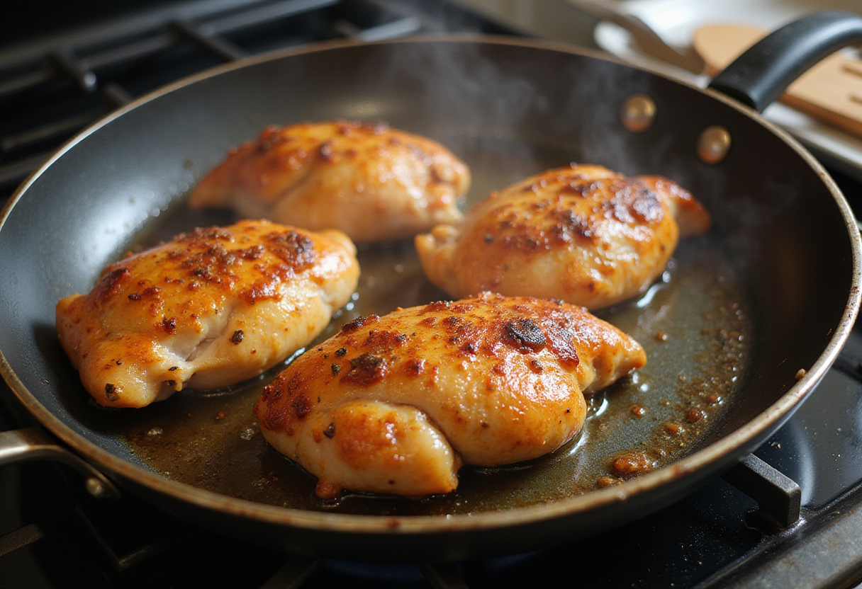 Searing marinated chicken thighs in a skillet for Hawaiian Shoyu Chicken, showcasing the golden brown cooking process.