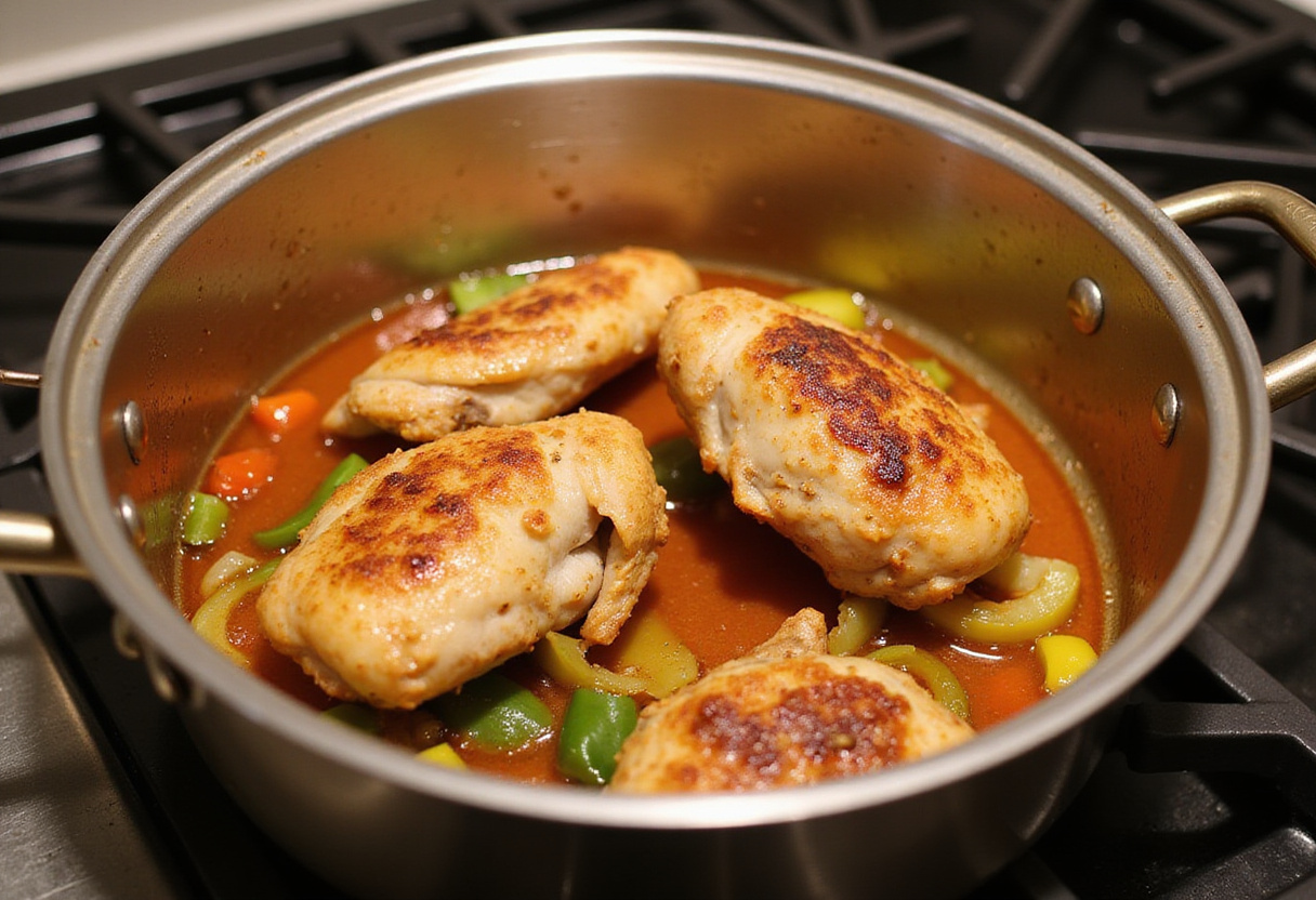 Simmering Hawaiian Shoyu Chicken with colorful bell peppers and onions, highlighting the sauce being absorbed.