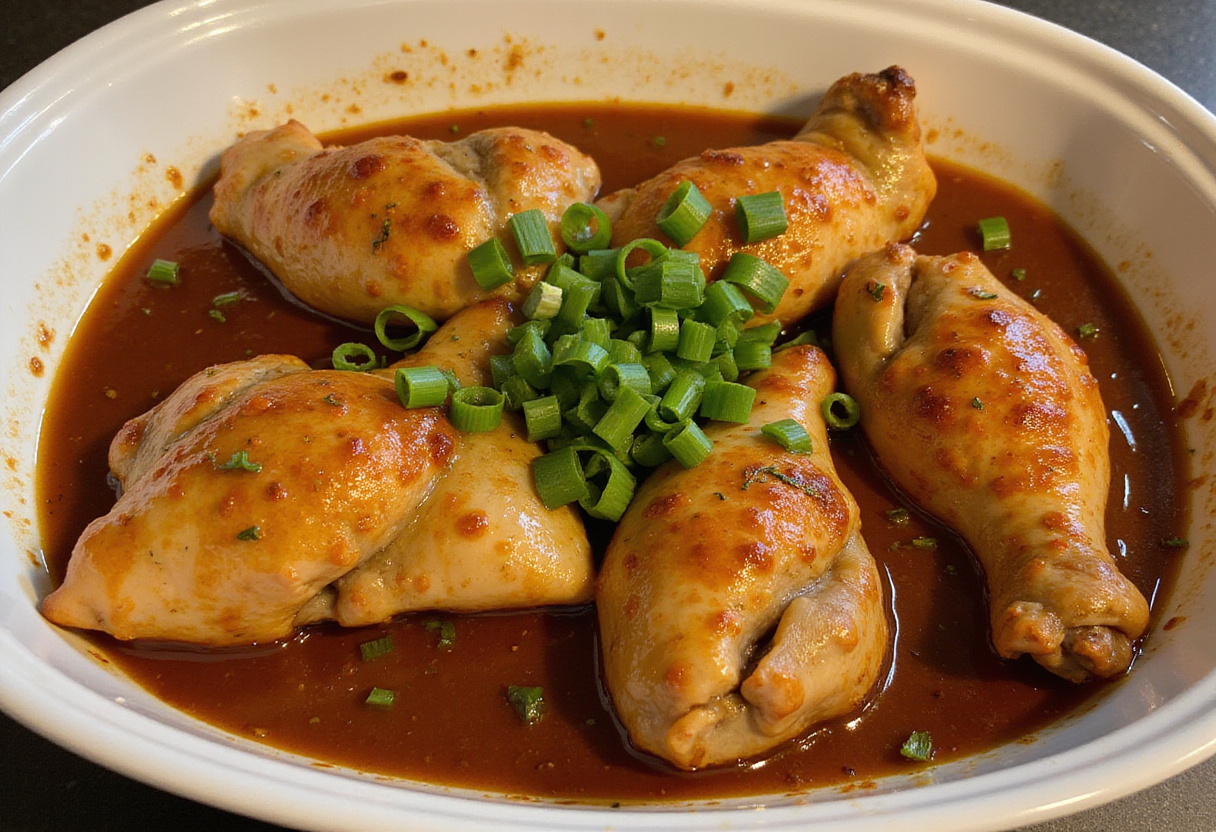 Baked Hawaiian Shoyu Chicken with a caramelized glaze, ready for serving and garnished with fresh green onions.