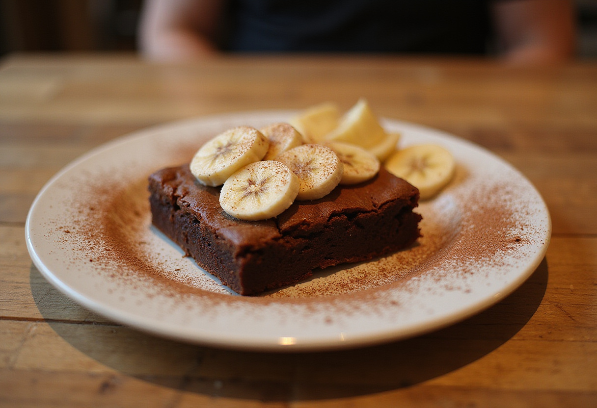 Delicious Healthy Baked Oatmeal Brownies served with banana slices, emphasizing healthful dessert options in a cozy dining setting.