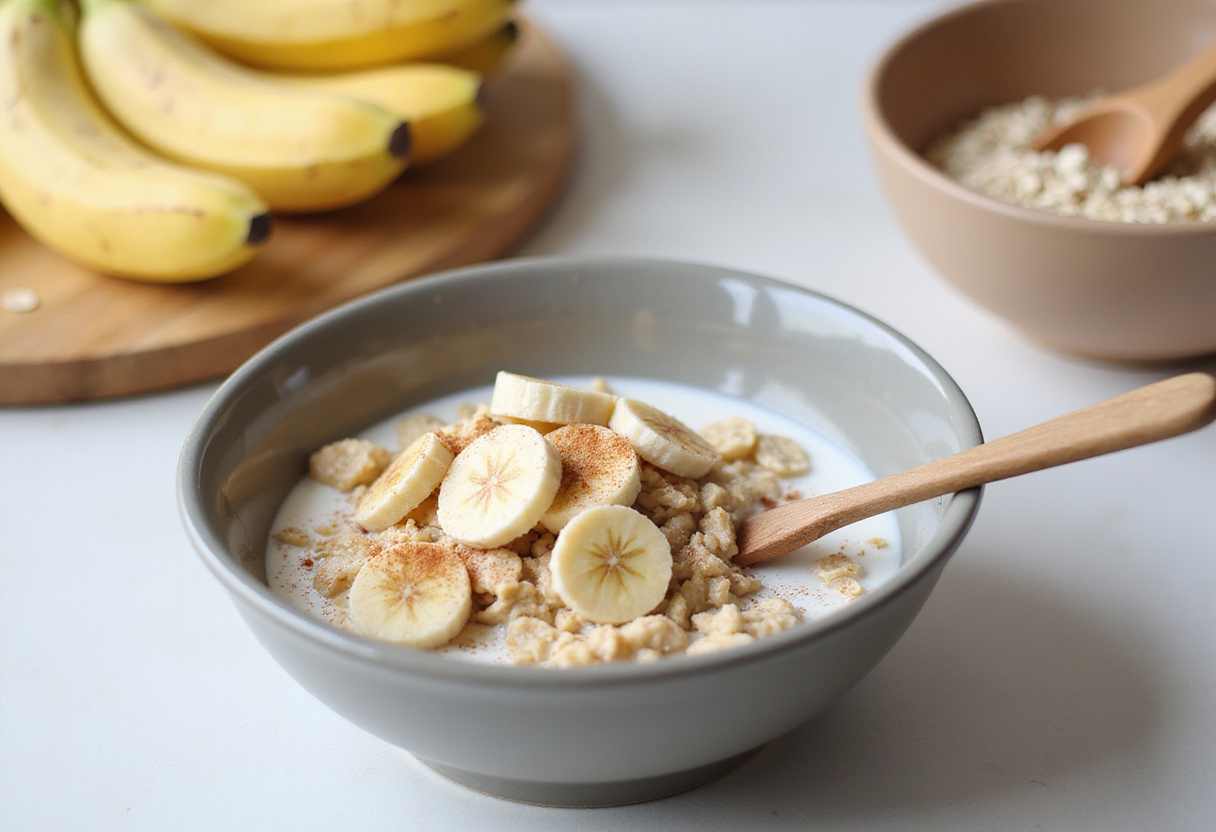 Healthy Baked Oatmeal Brownies mixture with oats, mashed bananas, and almond milk in a bright kitchen setting.
