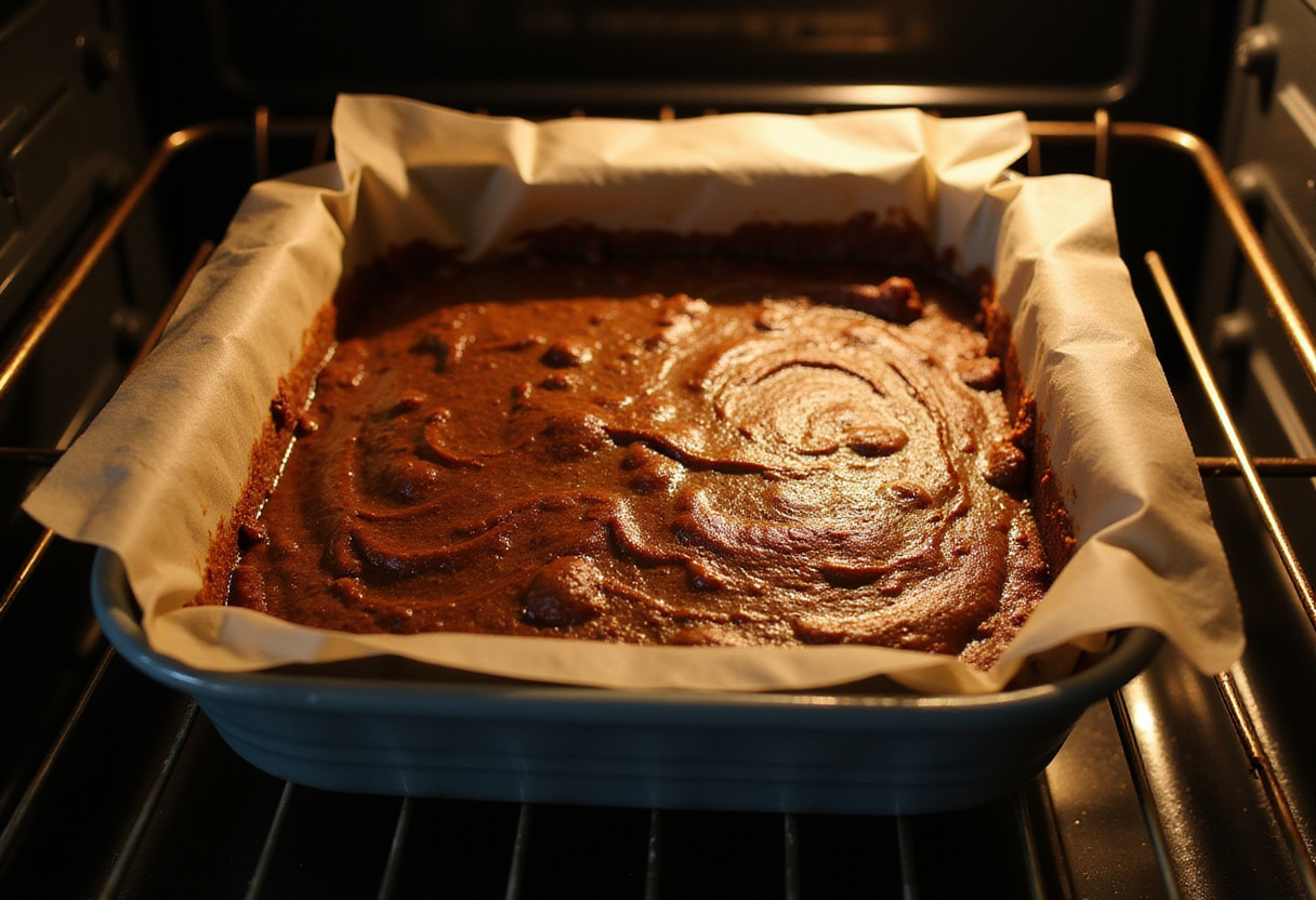 Unbaked Healthy Baked Oatmeal Brownies mixture in oven, capturing the baking process in a bright kitchen setting.