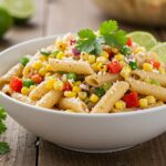 Final presentation of Healthy Street Corn Pasta Salad, showcasing vibrant ingredients and garnished with cilantro and lime for a fresh and healthy dish.