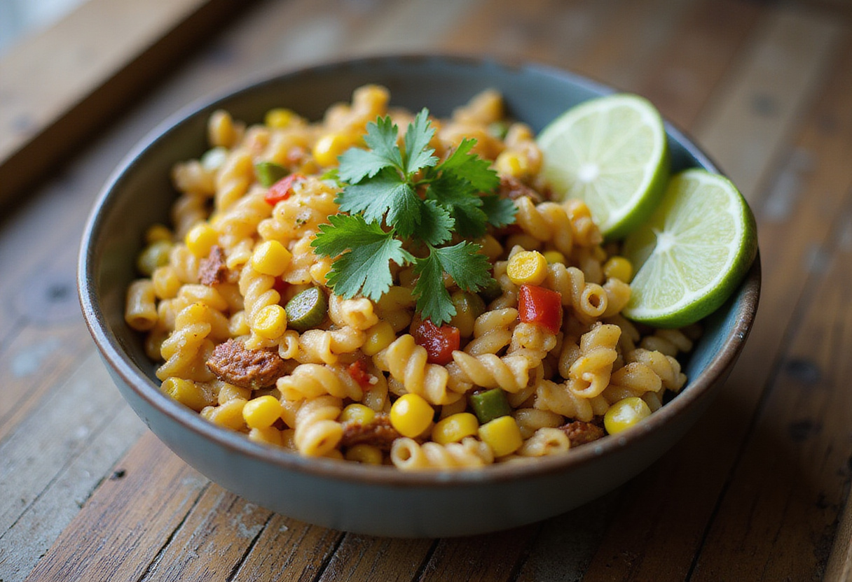 Final presentation of Healthy Street Corn Pasta Salad, showcasing vibrant ingredients and garnished with cilantro and lime for a fresh and healthy dish.