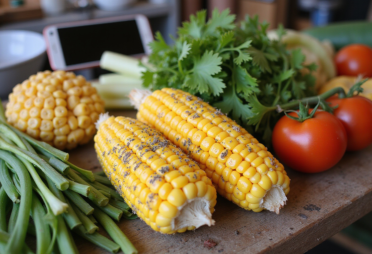 Fresh ingredients for Healthy Street Corn Pasta Salad including sweet corn, ripe tomatoes, and vibrant herbs displayed at a bustling market.