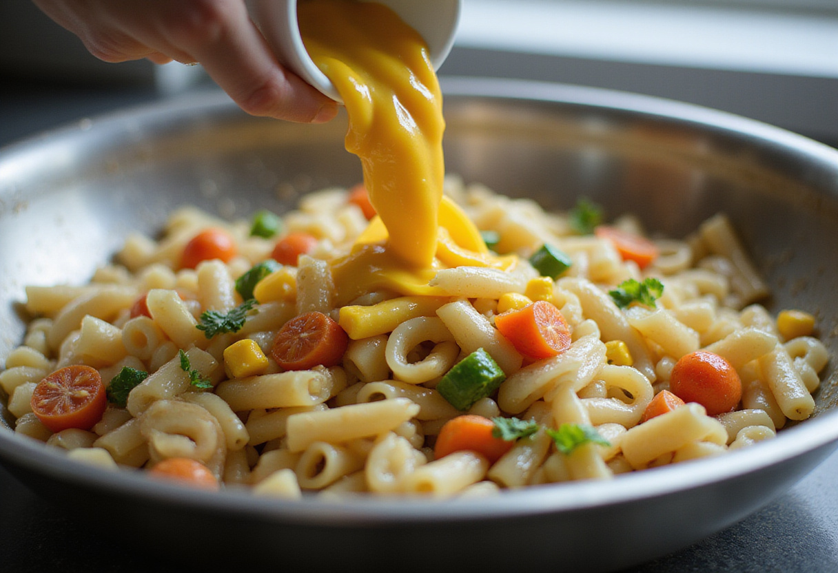 Cooked pasta being mixed with fresh vegetables and corn for a delightful Healthy Street Corn Pasta Salad in a sunny kitchen.