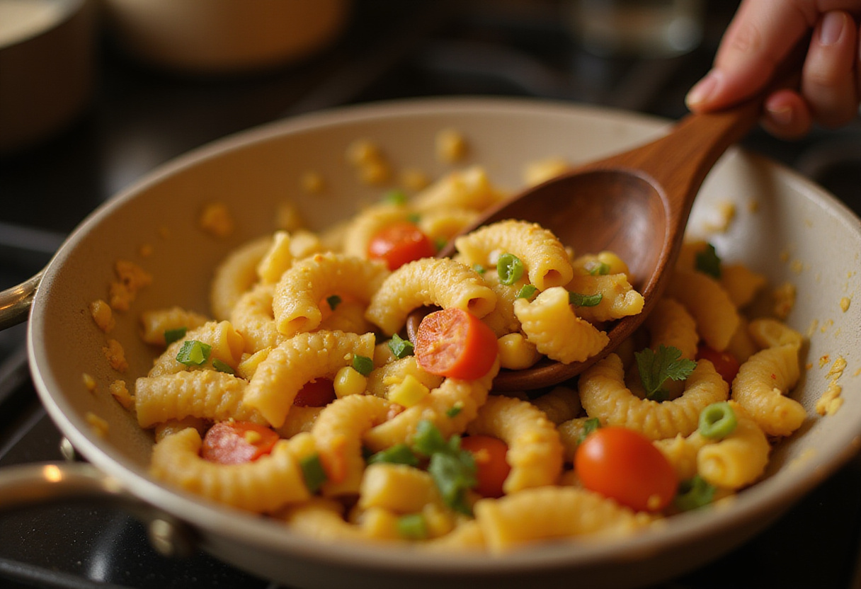 Mixing pasta with sweet corn and fresh vegetables to create a delicious Healthy Street Corn Pasta Salad, highlighting the vibrant colors.